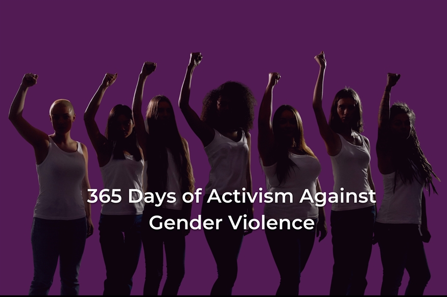 [ai] A group of seven women silhouetted against a purple background, raising their fists in solidarity. The text "365 Days of Activism Against Gender Violence" is displayed prominently in white below the group.